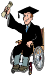 image: Drawing of a wheelchair user student in cap and gown holding a diploma
