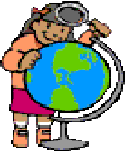 image: girl holding magnifier over globe of earth.