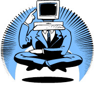 image: man in yoga position with computer instead of head.