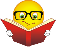 image: happy face with glasses reading book.
