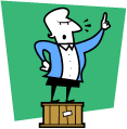 image: person on podium declaiming.